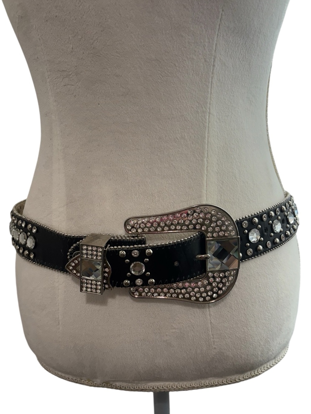 Y2K BHW Bling Studded Black Leather Rhinestone Western Belt Black Silver Medium